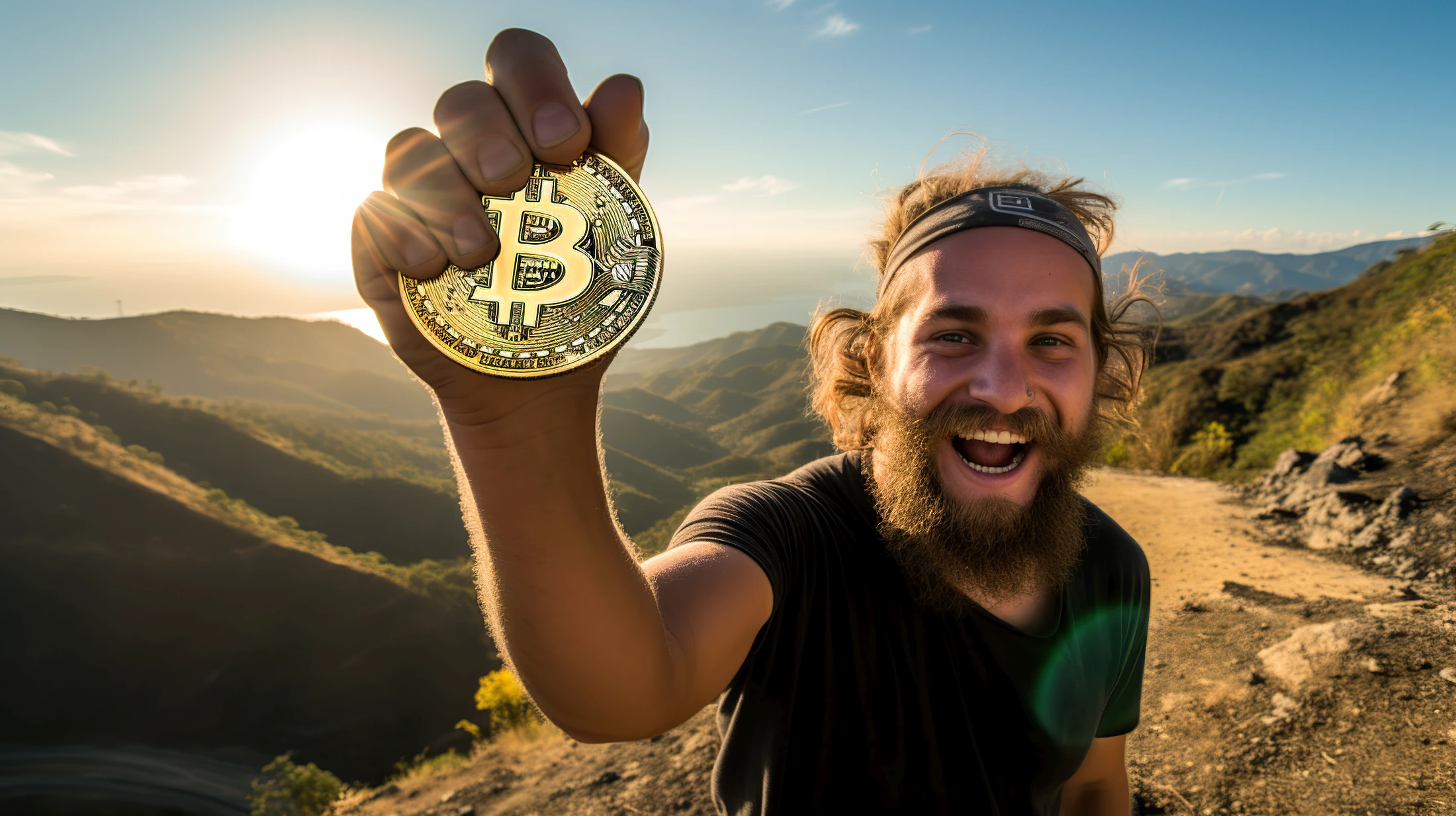A man displaying a bitcoin amidst the scenic mountains of El Zonte in Rancho Satoshi, El Salvador's renowned crypto-based property development.