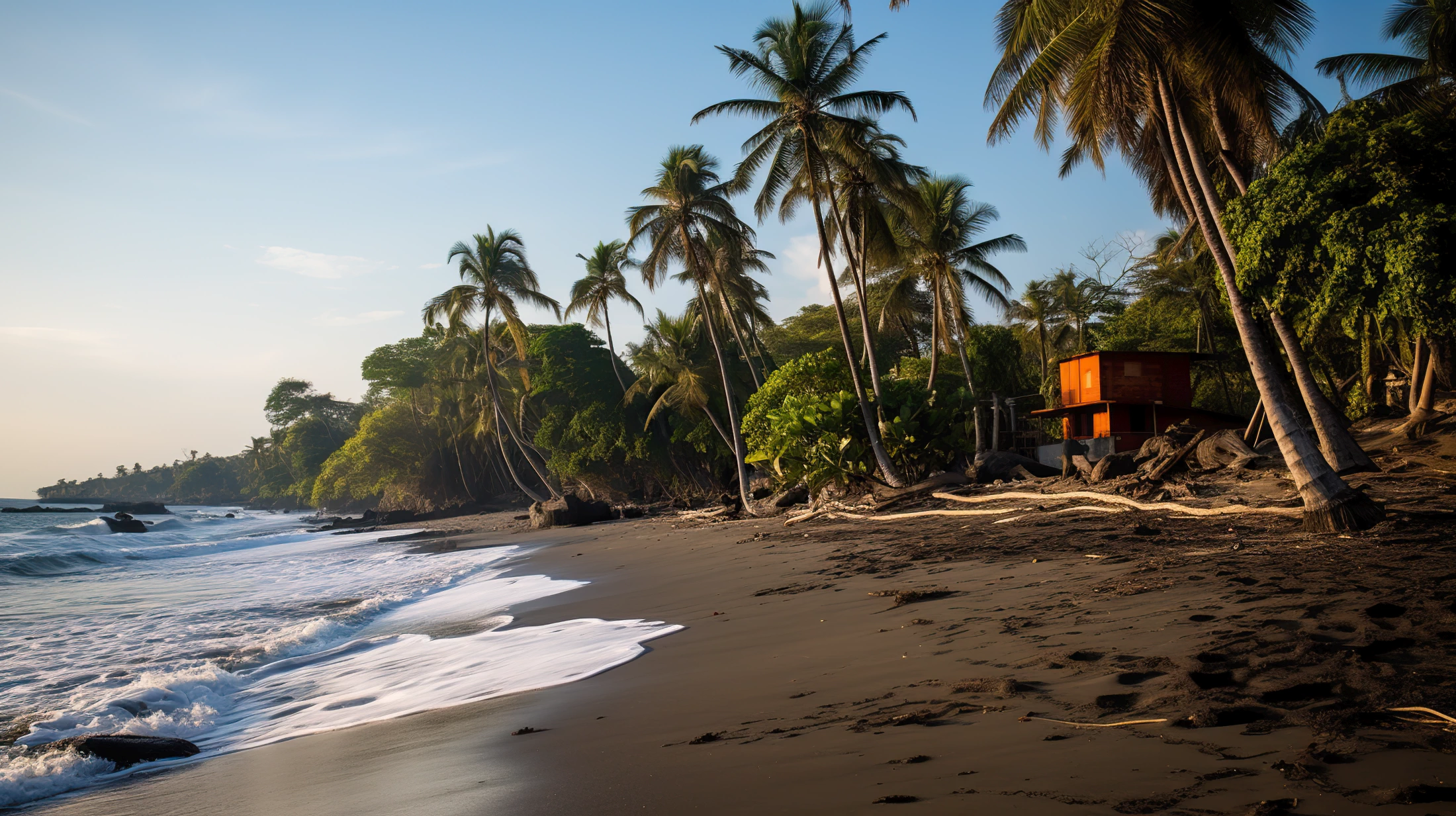 A black sand beach with palm trees and an orange house in Rancho Satoshi.