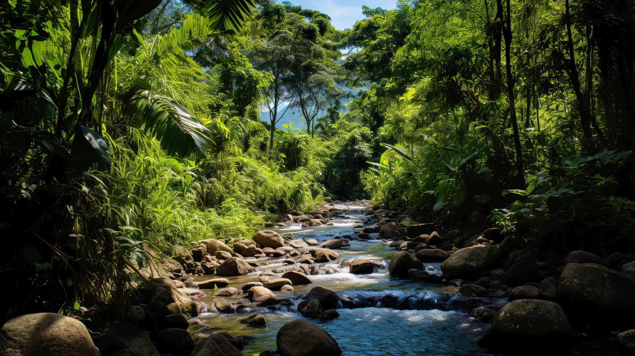 A stream flowing through a lush tropical jungle in Rancho Satoshi.